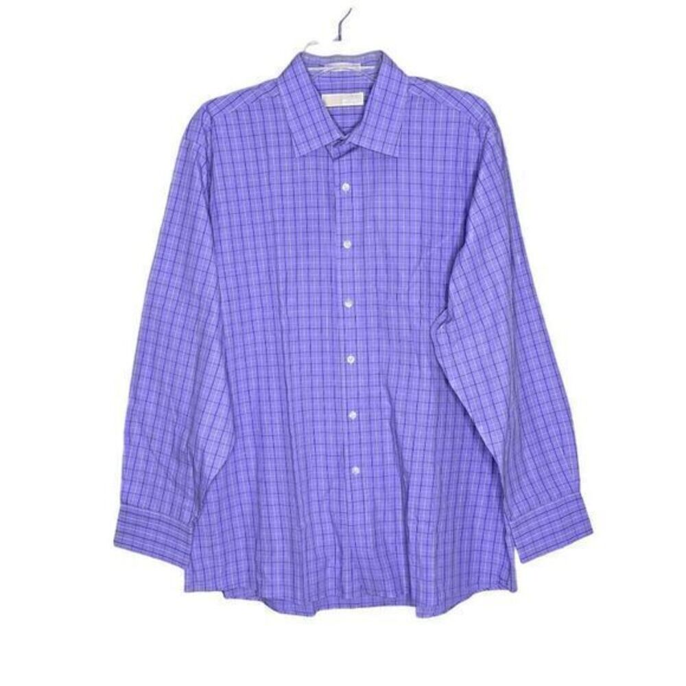 Michael Kors Mens Purple Gingham Checkered Dress Shirt Size 17.5